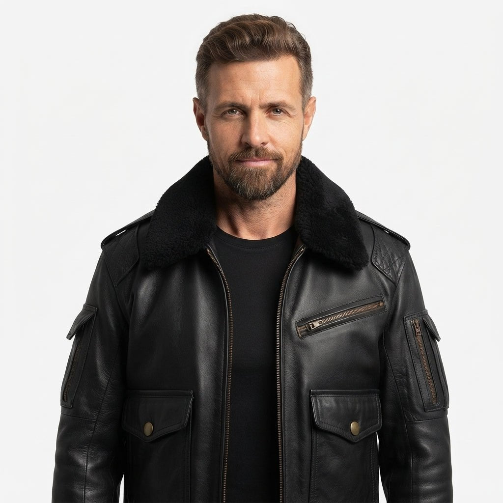 Flight Bomber Black Leather Jacket – Men Bomber Leather Jacket - Timber AND Hide