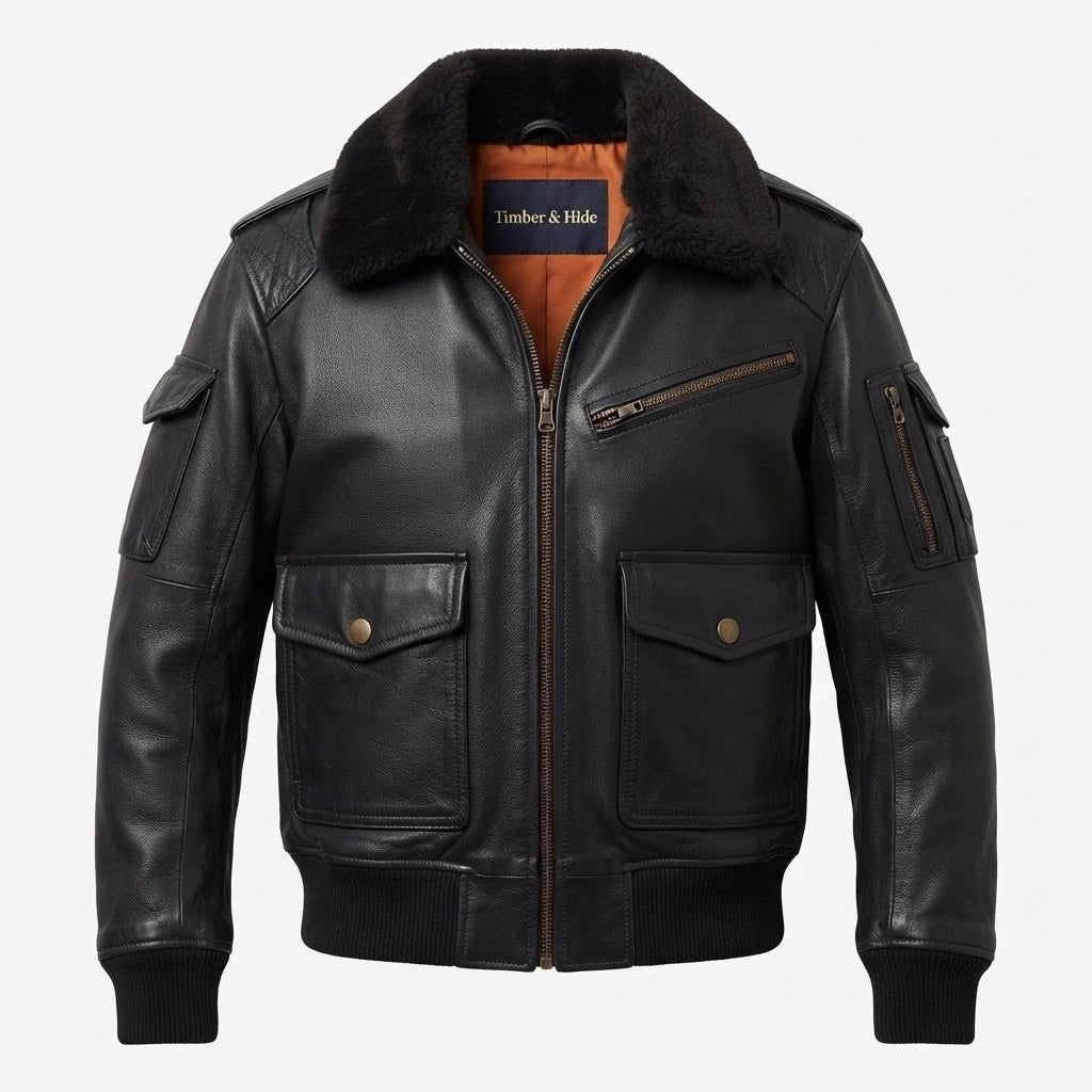 Flight Bomber Black Leather Jacket – Men Bomber Leather Jacket - Timber AND Hide