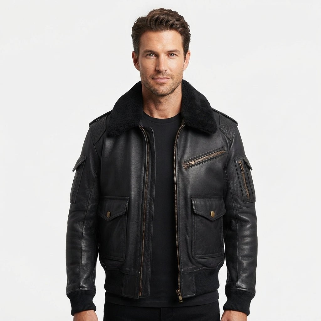 Flight Bomber Black Leather Jacket – Men Bomber Leather Jacket - Timber AND Hide