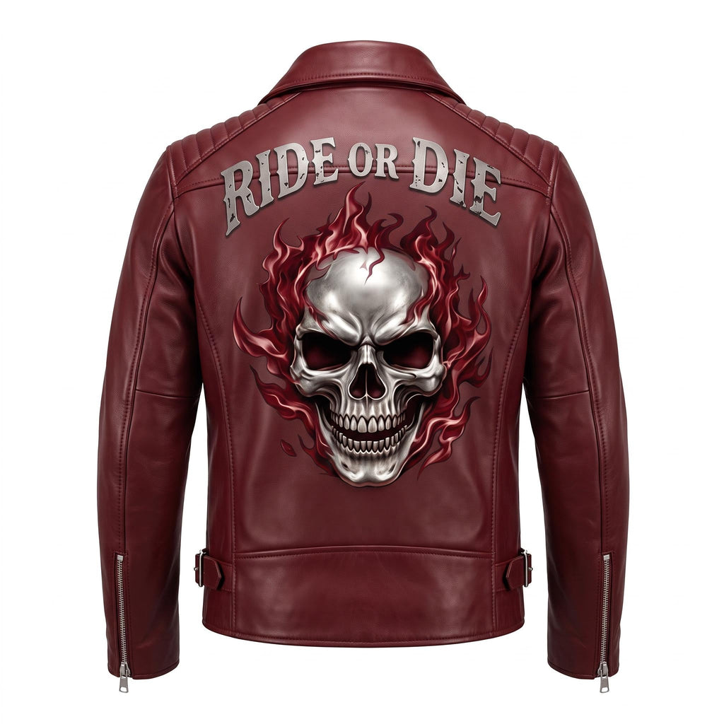 Ghost Rider Inspired Crimson Red Leather Biker Jacket | Flaming Skull Graphic, Ride or Die - Timber AND Hide