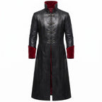 Gothic Black Faux-Leather Trench Coat with Red Accents – Victorian Duster Jacket - Timber AND Hide
