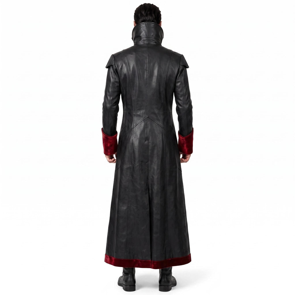 Gothic Black Faux-Leather Trench Coat with Red Accents – Victorian Duster Jacket - Timber AND Hide