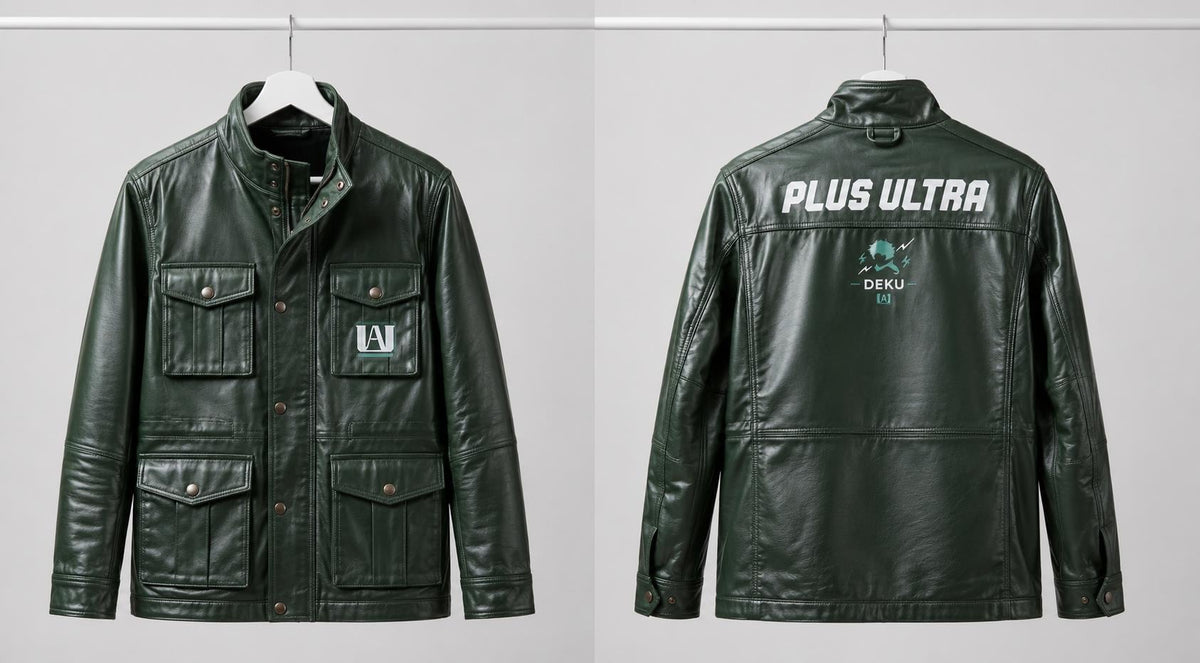 Green Leather Deku Cosplay Jacket | My Hero Academia Plus Ultra Anime Coat - Timber AND Hide