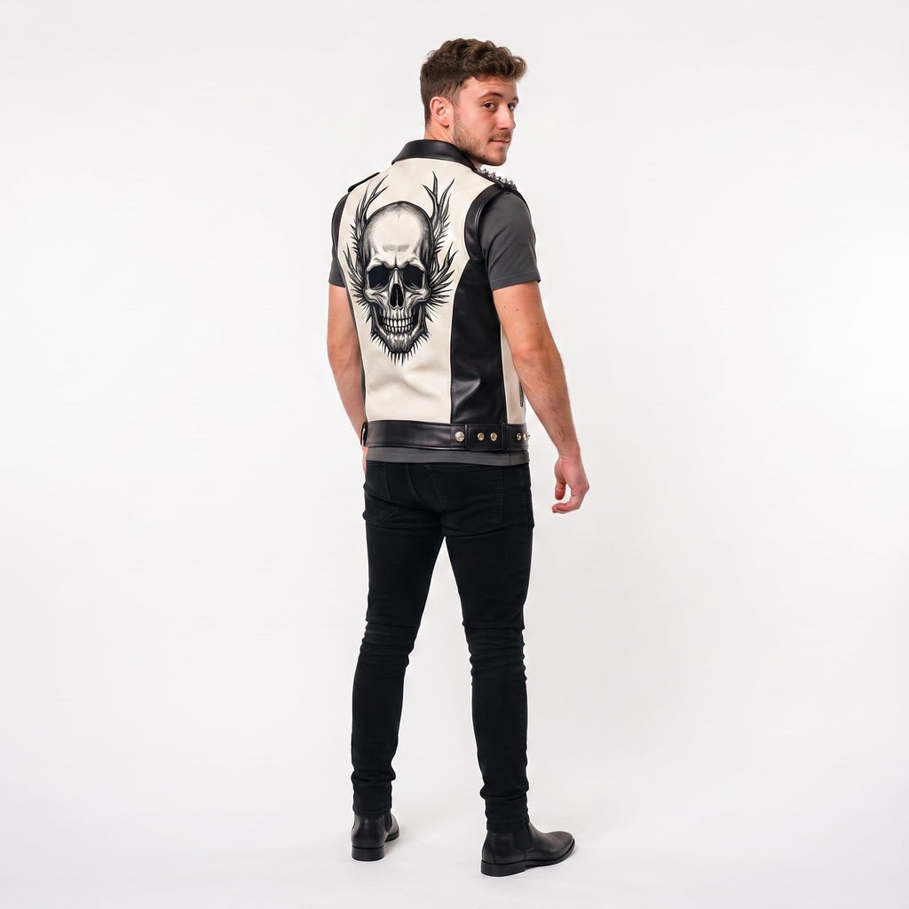 Handmade Skull Leather Biker Vest – Gothic Rocker Sleeveless Jacket - Timber AND Hide