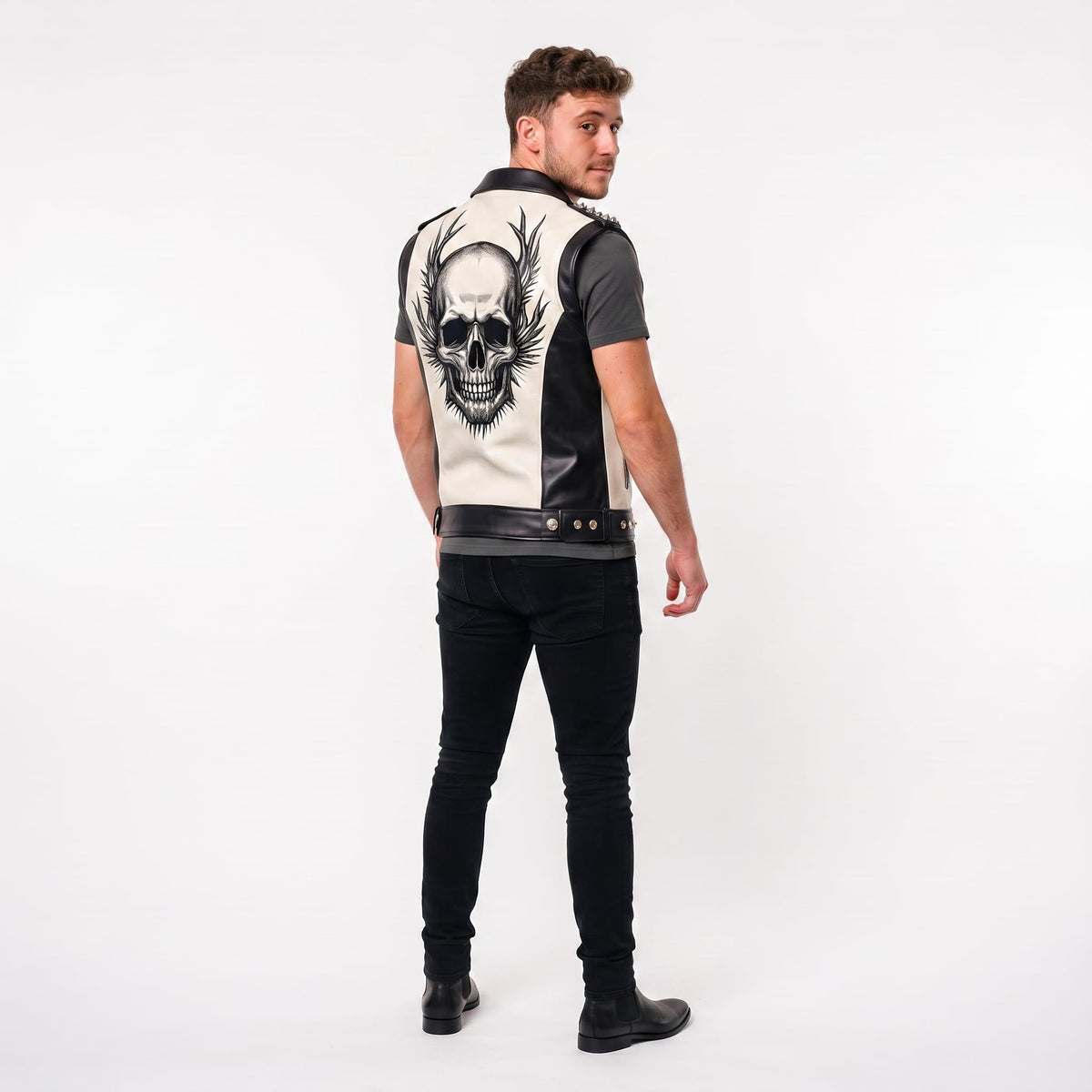 Handmade Skull Leather Biker Vest – Gothic Rocker Sleeveless Jacket - Timber AND Hide
