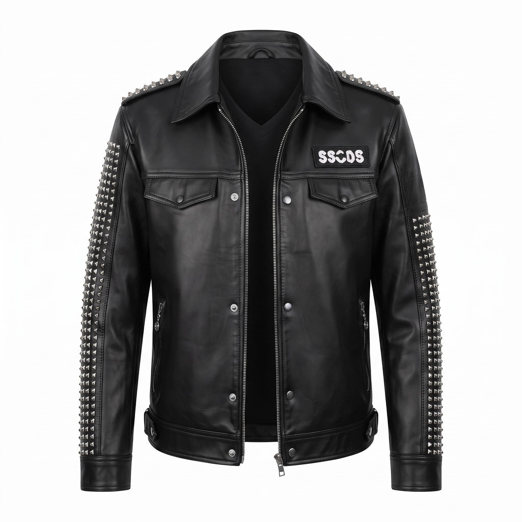 Man's Handmade Studded Leather Biker Jacket | Punk Rock Gothic Patchwork | Halloween Costume - Timber AND Hide