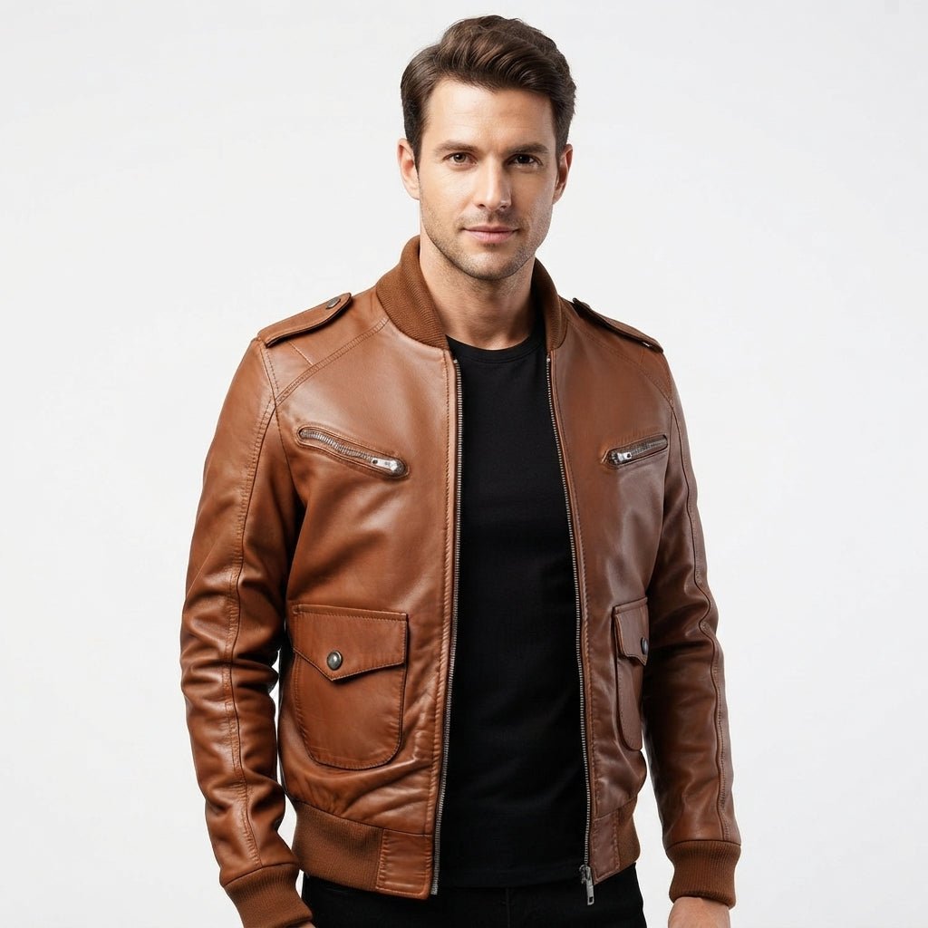 Men Brown Leather Strap Pocket Style Jacket – Brown Leather Jacket Men - Timber AND Hide