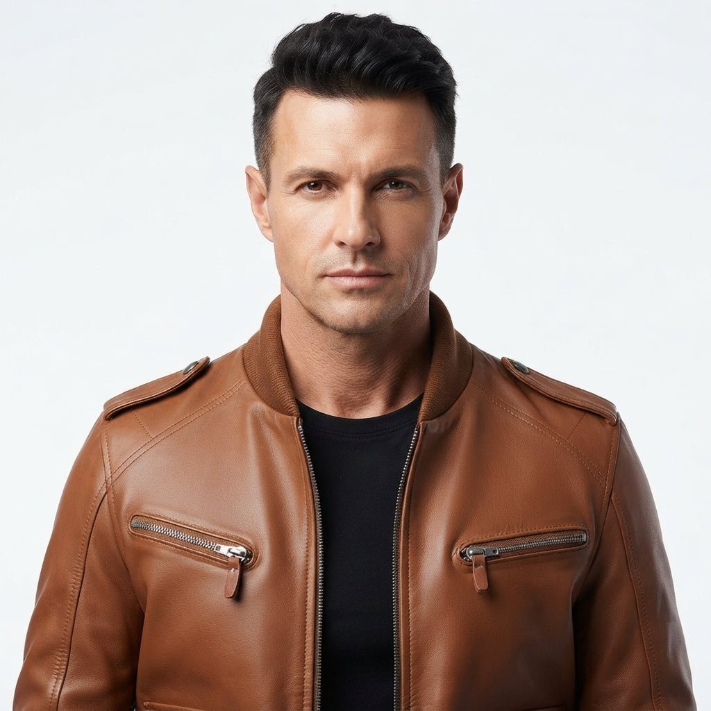 Men Brown Leather Strap Pocket Style Jacket – Brown Leather Jacket Men - Timber AND Hide