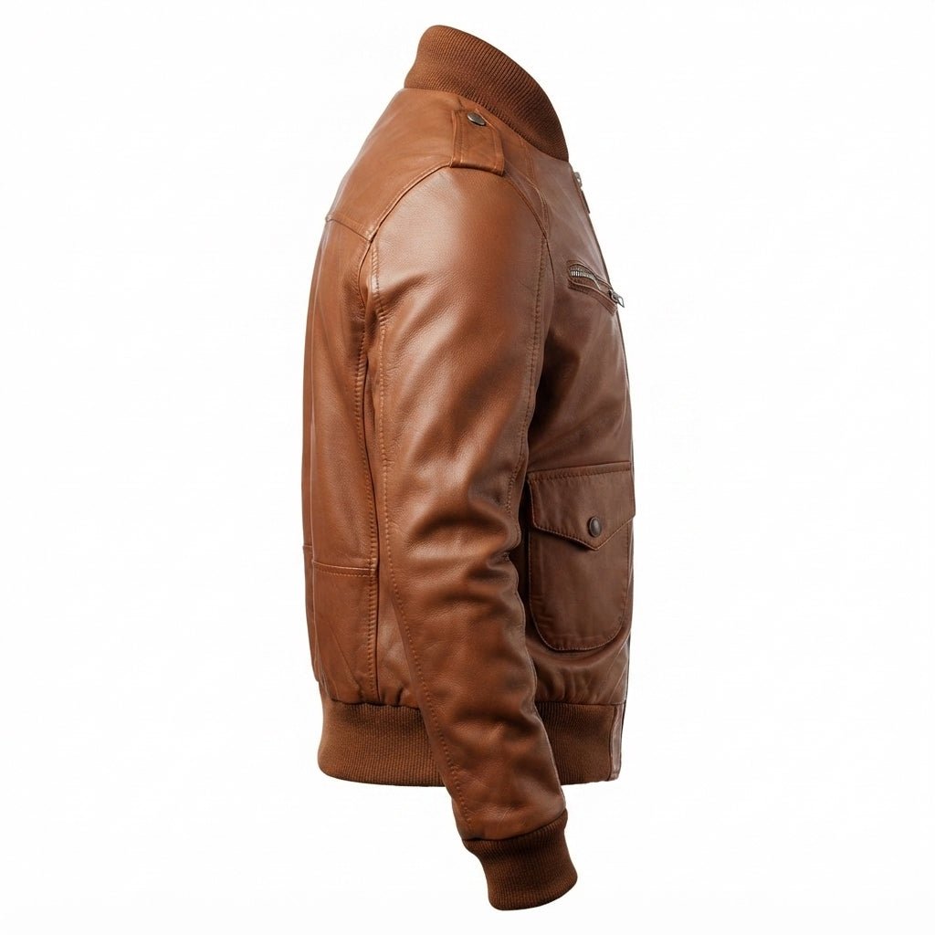 Men Brown Leather Strap Pocket Style Jacket – Brown Leather Jacket Men - Timber AND Hide