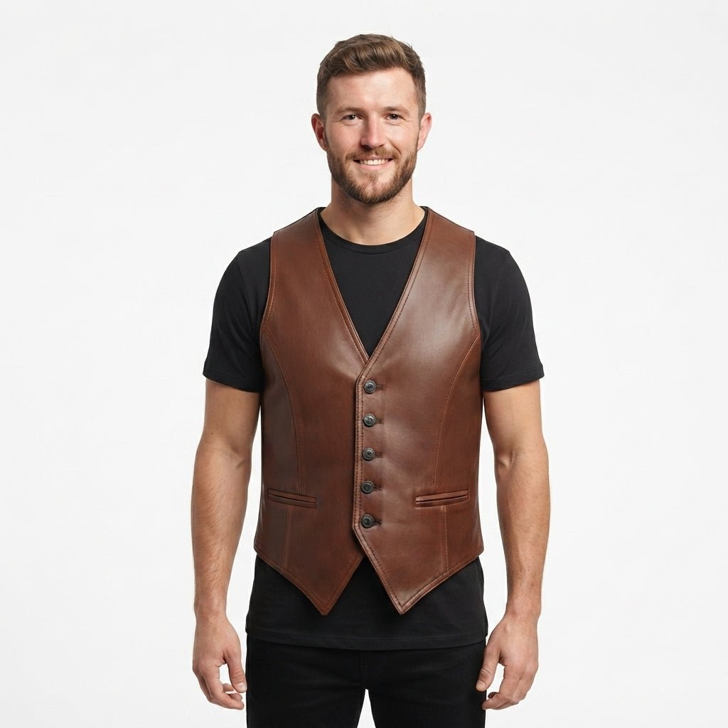 Men Brown Leather Vintage Vest - Timber AND Hide