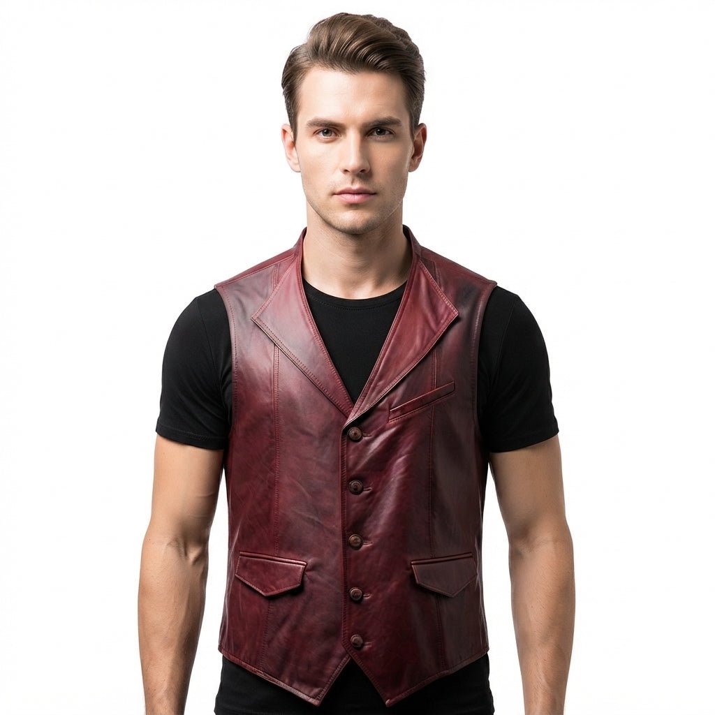 Men Burgundy Distressed Leather Vest - Timber AND Hide