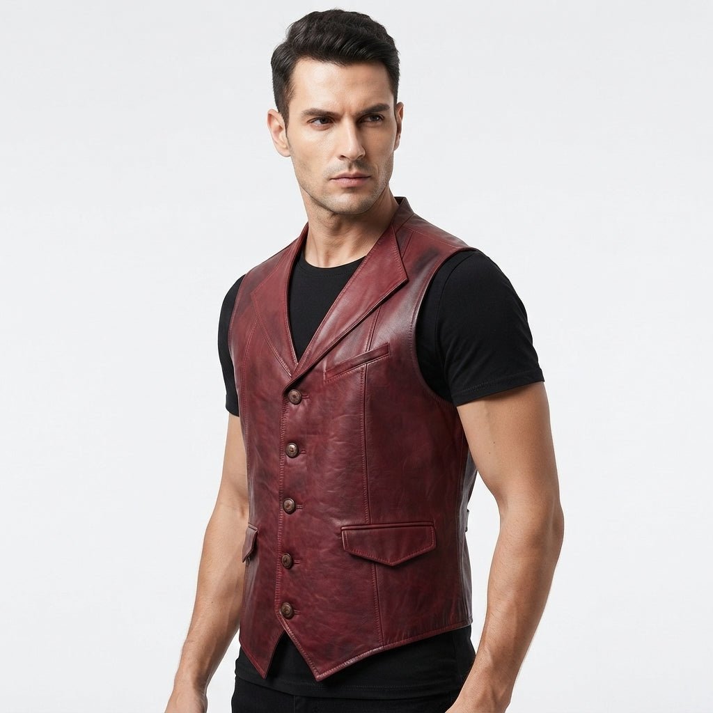 Men Burgundy Distressed Leather Vest - Timber AND Hide