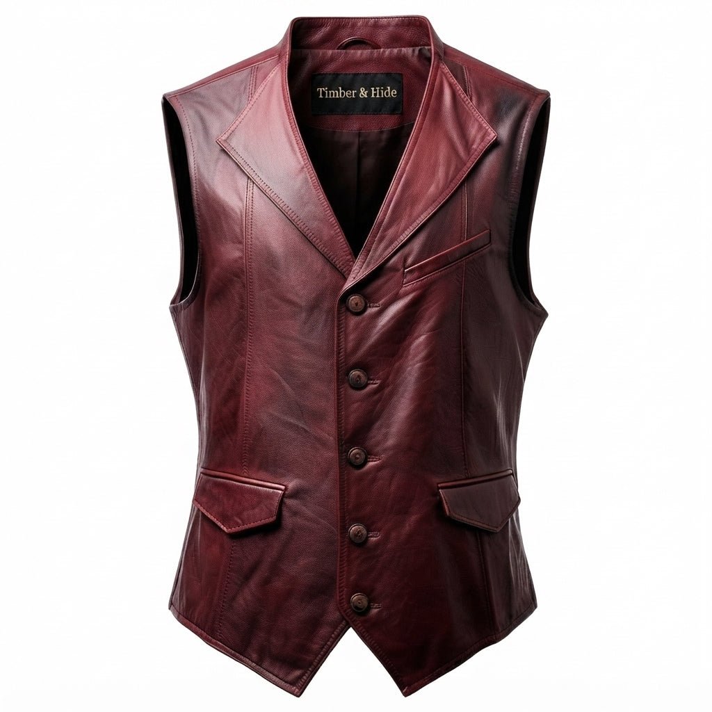 Men Burgundy Distressed Leather Vest - Timber AND Hide