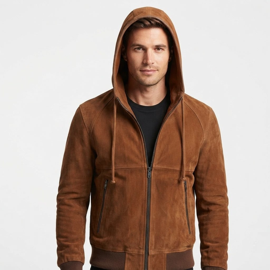 Men Camel Brown Stylish Suede Hooded Leather Jacket - Timber AND Hide