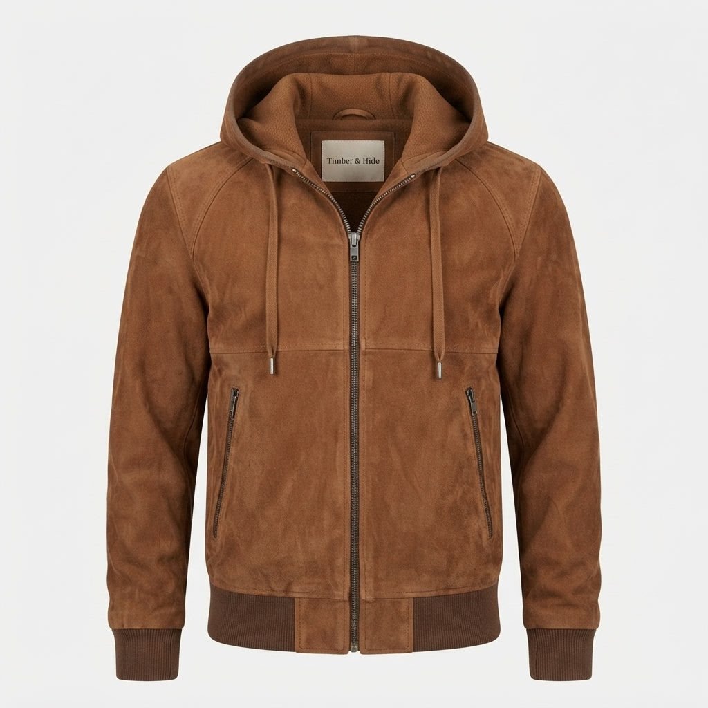 Men Camel Brown Stylish Suede Hooded Leather Jacket - Timber AND Hide