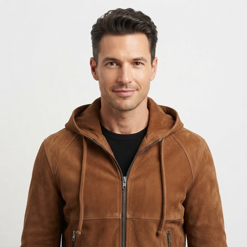Men Camel Brown Stylish Suede Hooded Leather Jacket - Timber AND Hide