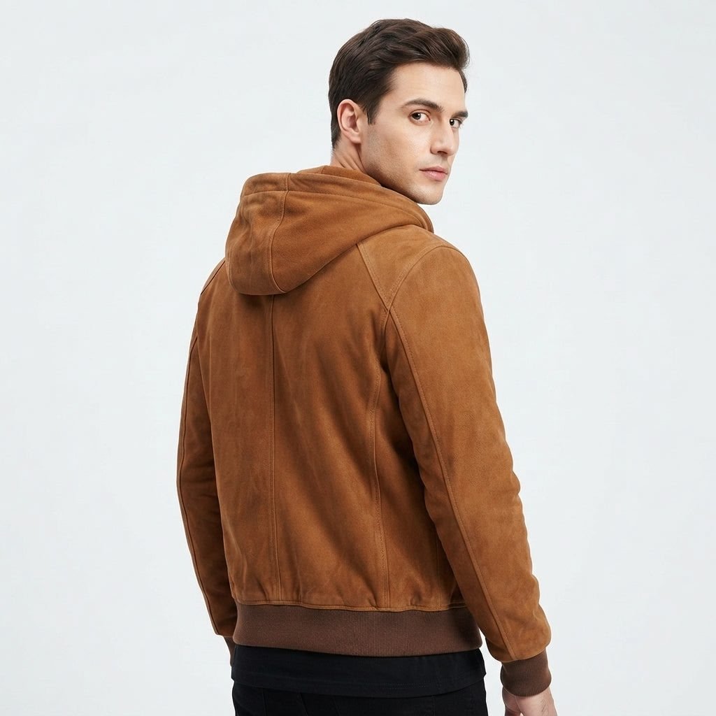 Men Camel Brown Stylish Suede Hooded Leather Jacket - Timber AND Hide