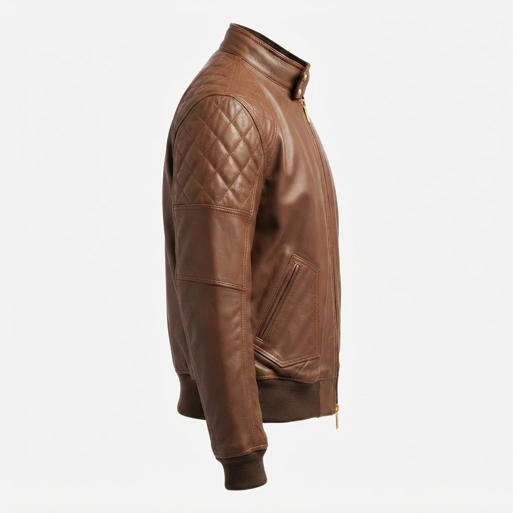 Men Quilted Bomber Leather Jacket with Golden Zipper - Timber AND Hide
