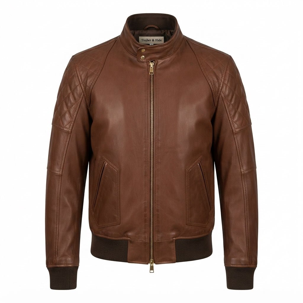 Men Quilted Bomber Leather Jacket with Golden Zipper - Timber AND Hide