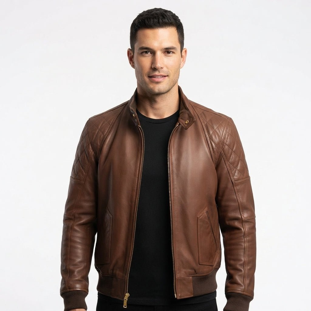 Men Quilted Bomber Leather Jacket with Golden Zipper - Timber AND Hide