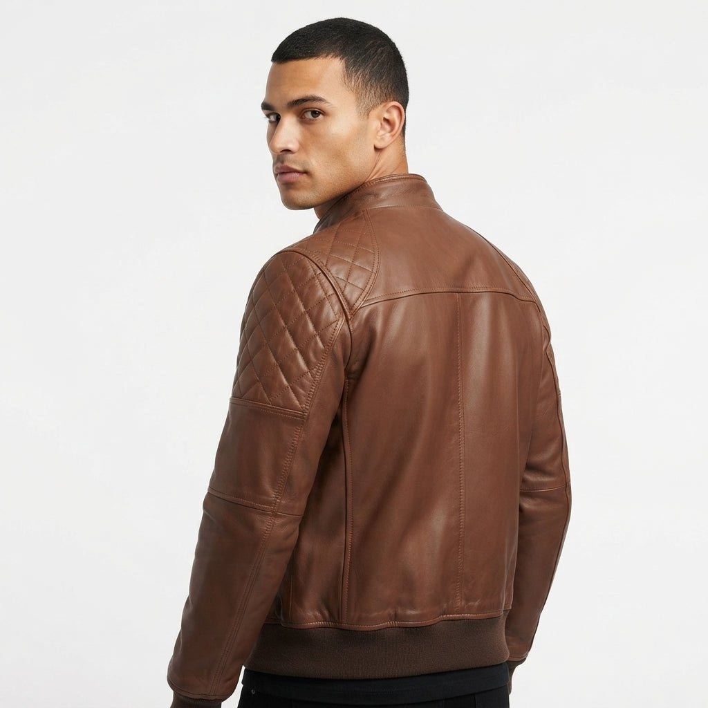 Men Quilted Bomber Leather Jacket with Golden Zipper - Timber AND Hide