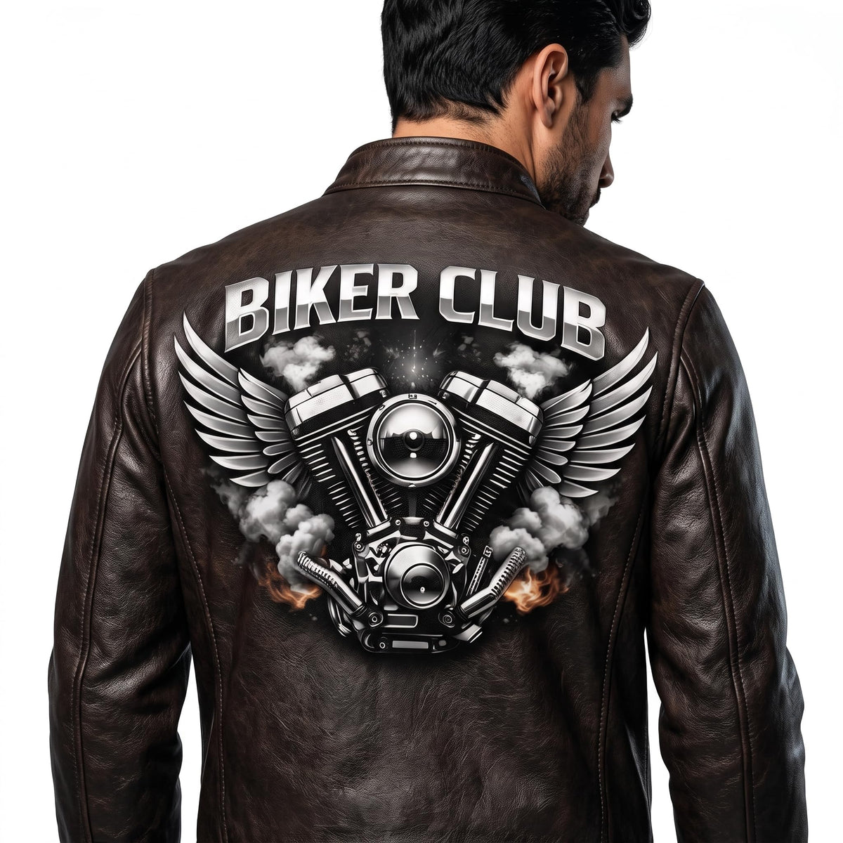 Men's Biker Club V-Twin Engine Leather Jacket - Winged Motor Graphic Cafe Racer - Timber AND Hide