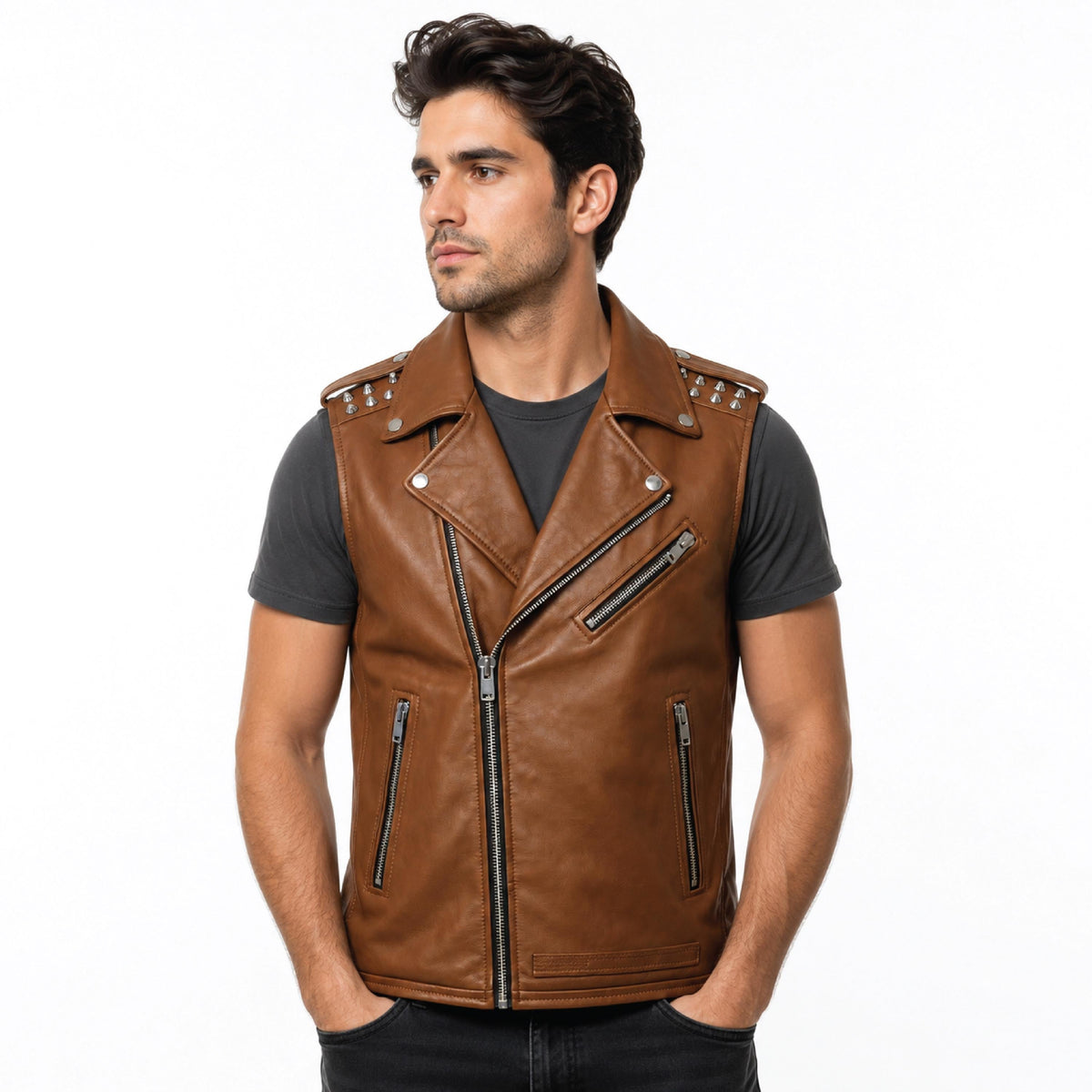 Men's Genuine Leather Biker Vest – Studded Double Rider Motorcycle Jacket - Timber AND Hide