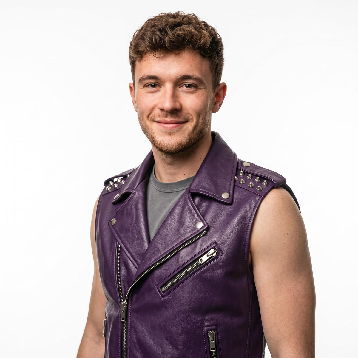 Men's Handmade Purple Leather Biker Vest | Studded Punk Rock Motorcycle Jacket - Timber AND Hide