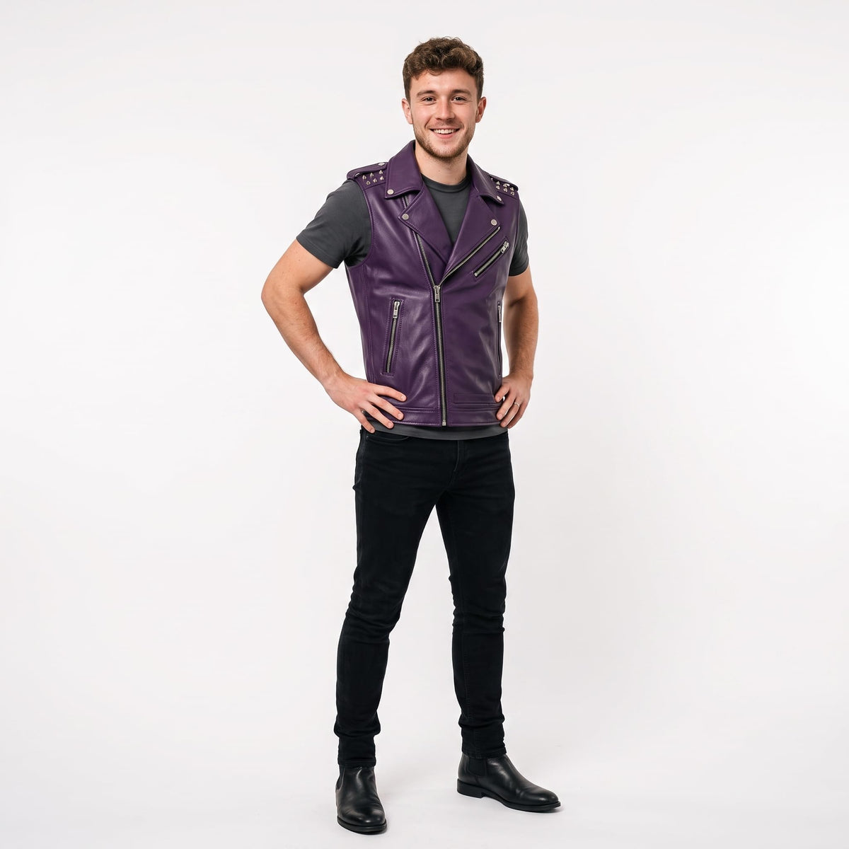 Men's Handmade Purple Leather Biker Vest | Studded Punk Rock Motorcycle Jacket - Timber AND Hide