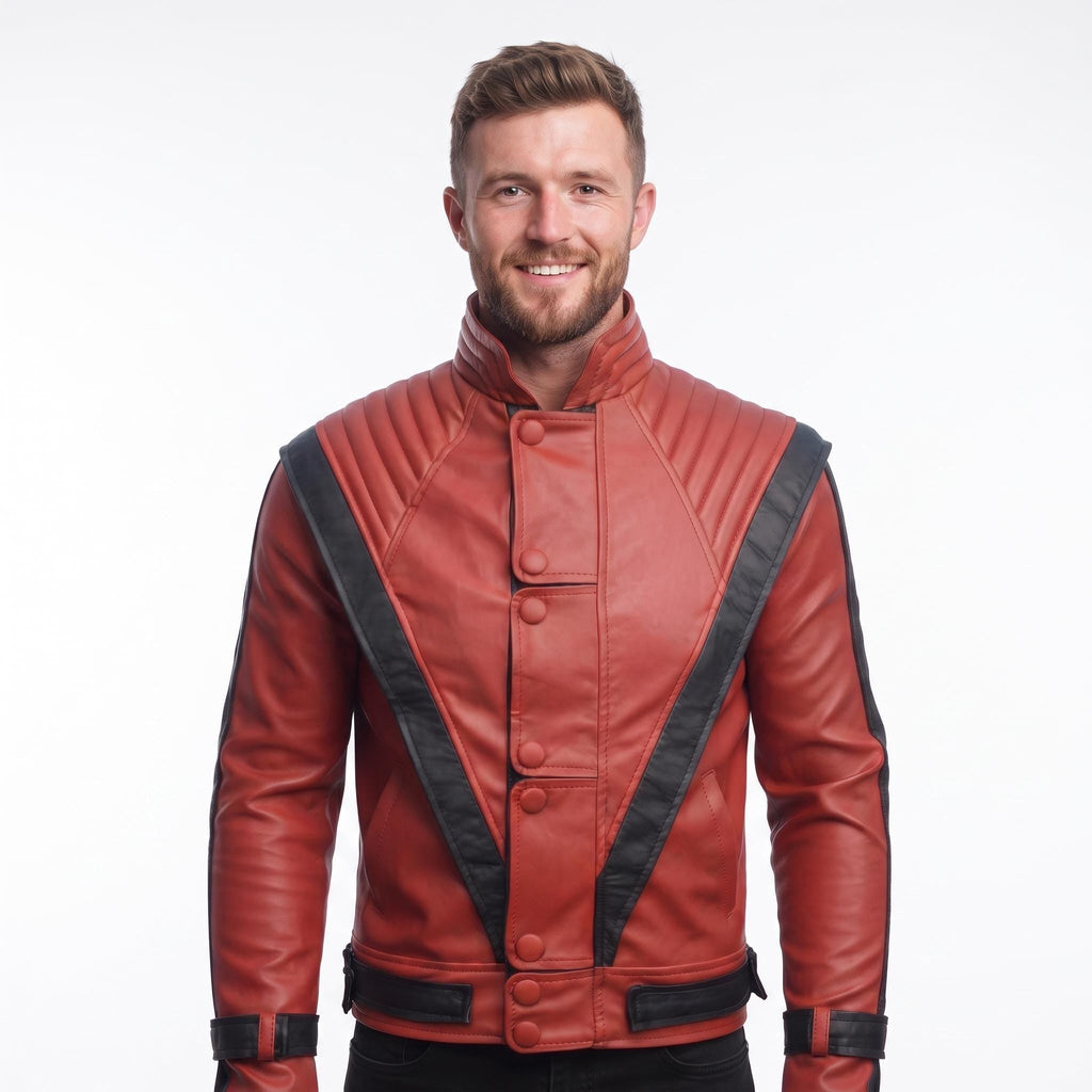 Men's Handmade Red Leather Pop Icon Jacket – 80s Music Video Inspired Biker Coat - Timber AND Hide