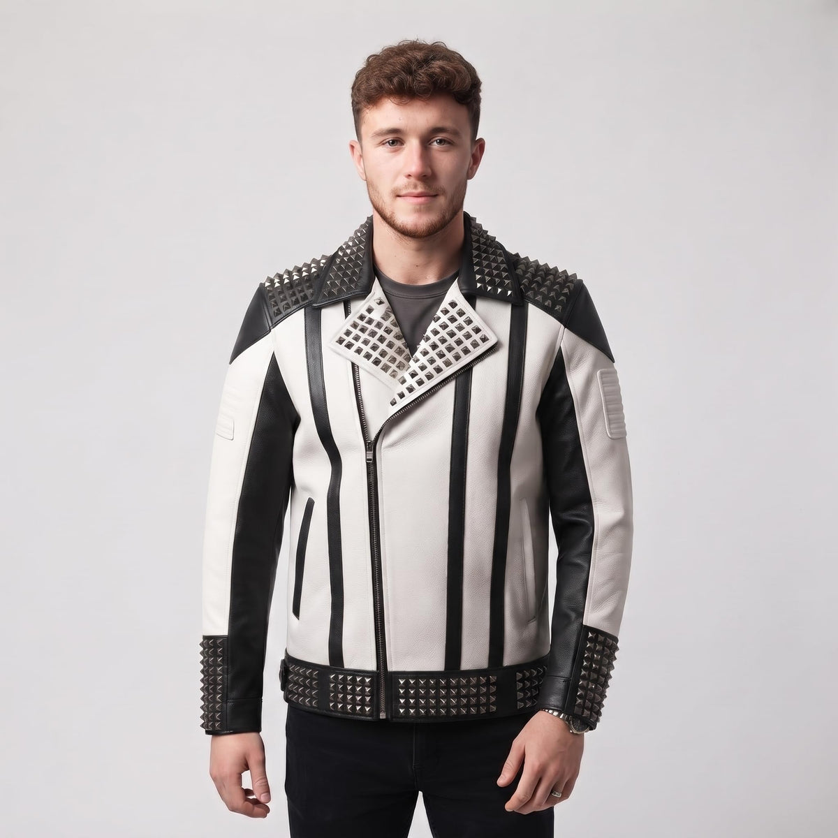 Men's Handmade Two-Tone Leather Biker Jacket | Studded Moto Punk Rock - Timber AND Hide