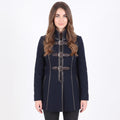 Navy Wool Coat with Leather Trim, Buckle Front, Dark Academia Style Jacket - Timber AND Hide