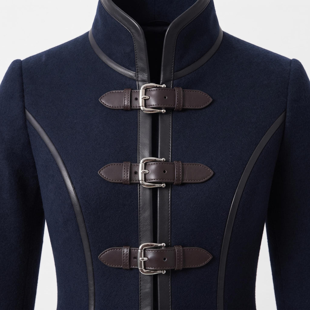 Navy Wool Coat with Leather Trim, Buckle Front, Dark Academia Style Jacket - Timber AND Hide
