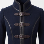 Navy Wool Coat with Leather Trim, Buckle Front, Dark Academia Style Jacket - Timber AND Hide