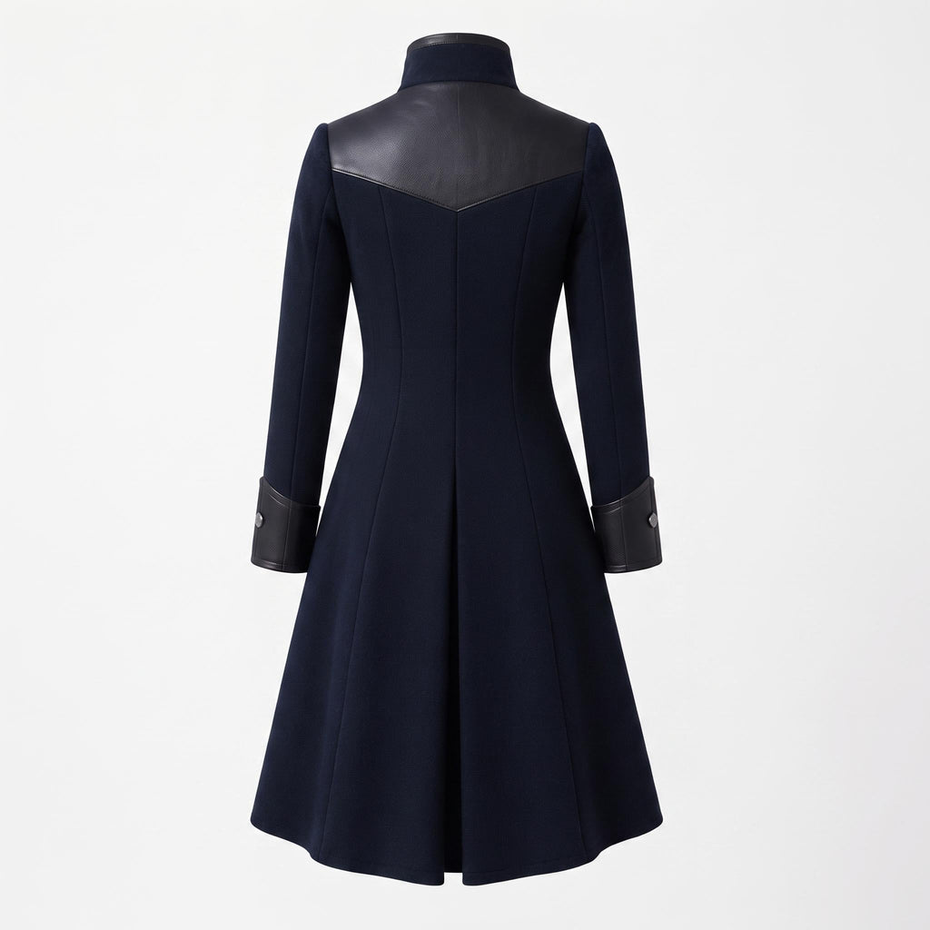 Navy Wool Coat with Leather Trim, Buckle Front, Dark Academia Style Jacket - Timber AND Hide