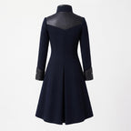Navy Wool Coat with Leather Trim, Buckle Front, Dark Academia Style Jacket - Timber AND Hide