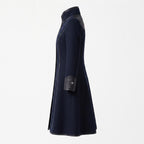 Navy Wool Coat with Leather Trim, Buckle Front, Dark Academia Style Jacket - Timber AND Hide