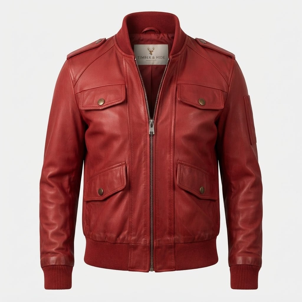 Red Leather Jacket with Strap Pockets - Timber AND Hide