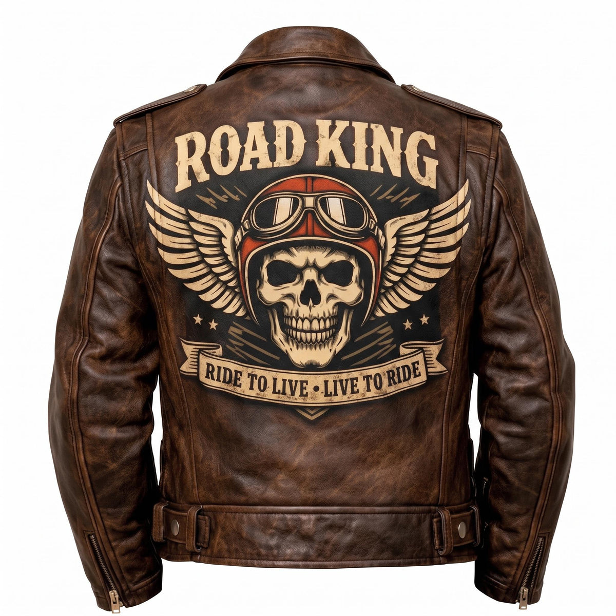 Road King Vintage Leather Jacket - Winged Skull & "Ride to Live" Biker Design - Timber AND Hide