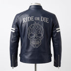 Vintage Royal Blue Leather Biker Jacket | Flaming Skull Back Graphic - Timber AND Hide