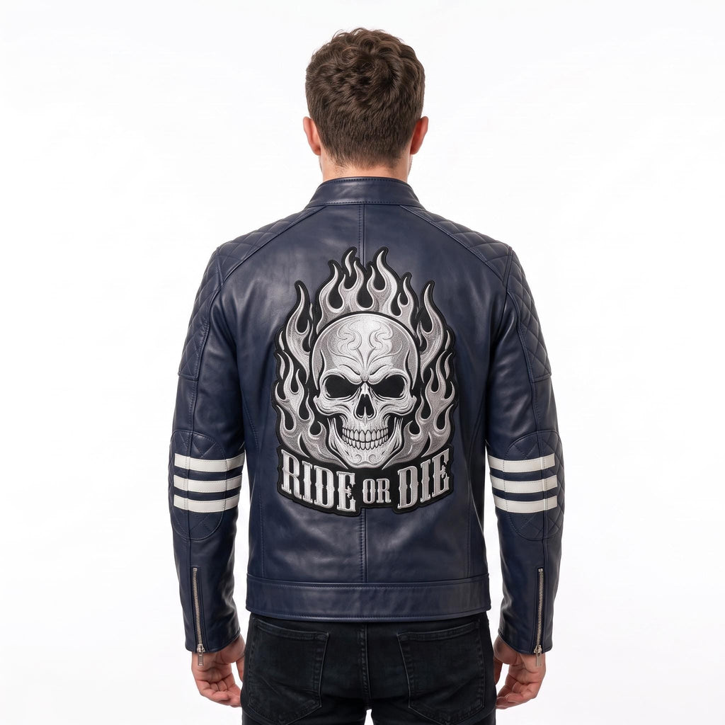 Vintage Royal Blue Leather Biker Jacket | Flaming Skull Back Graphic - Timber AND Hide