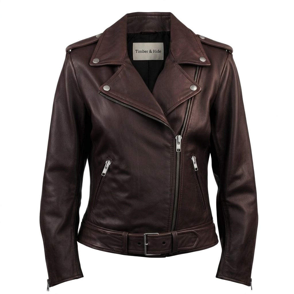 Women Biker Leather Jacket Dark Brown - Timber AND Hide