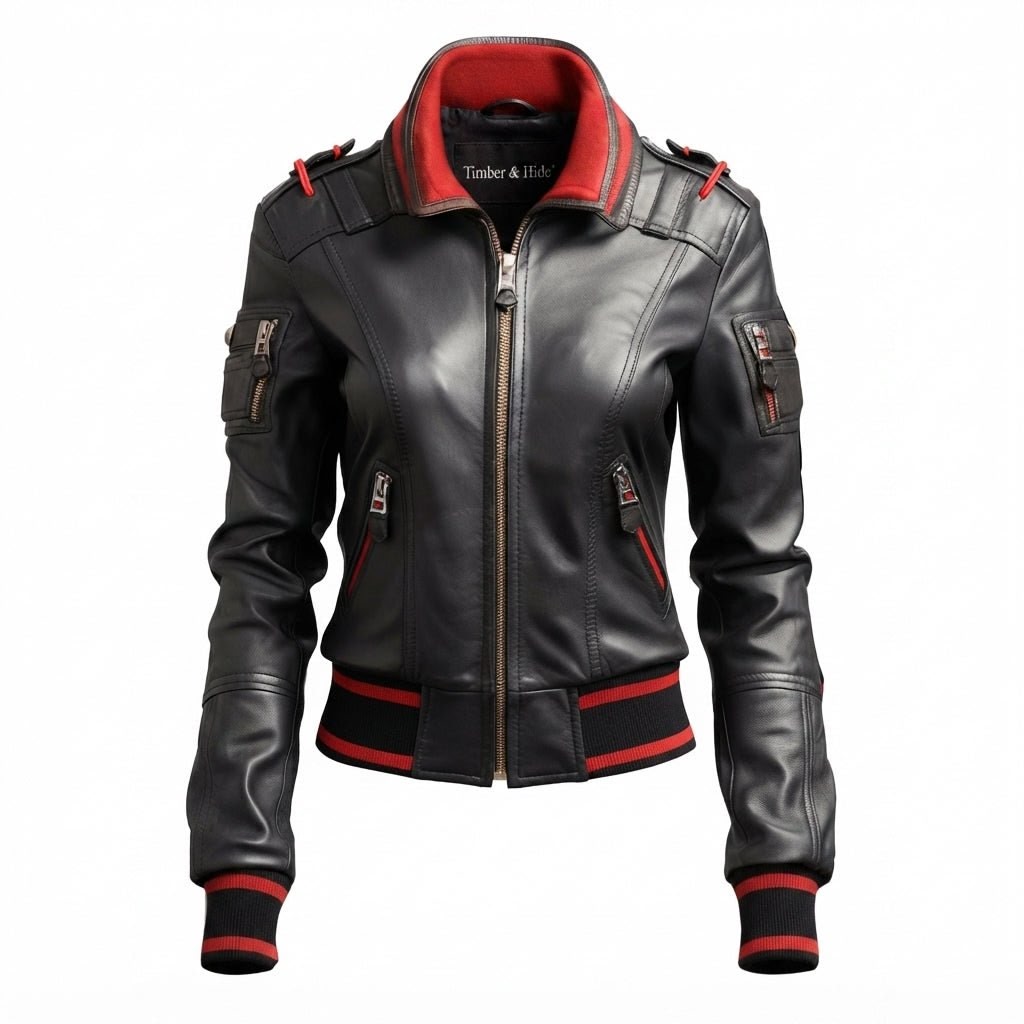 Women Black Bomber Leather Jacket - Timber AND Hide