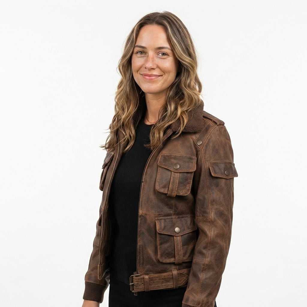 Women Brown Bomber Leather Jacket Distressed - Timber AND Hide