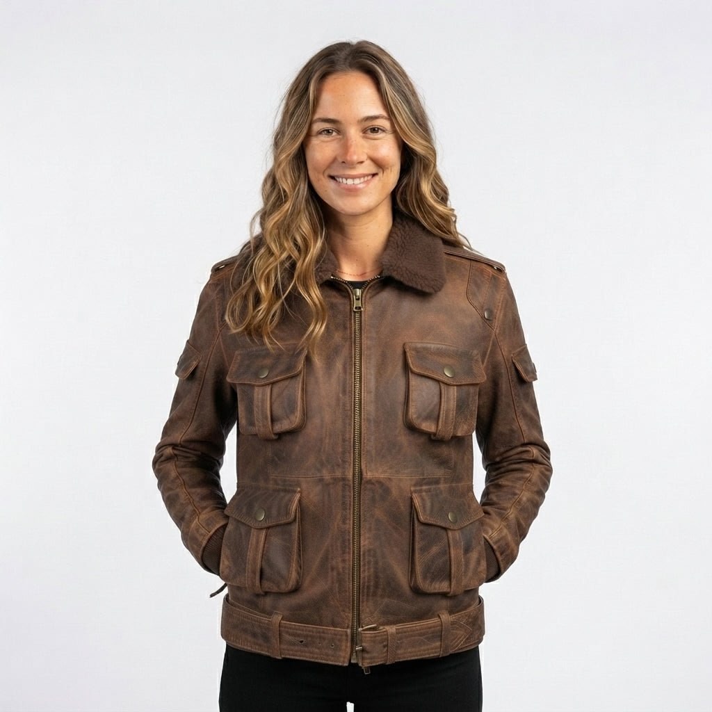 Women Brown Bomber Leather Jacket Distressed - Timber AND Hide