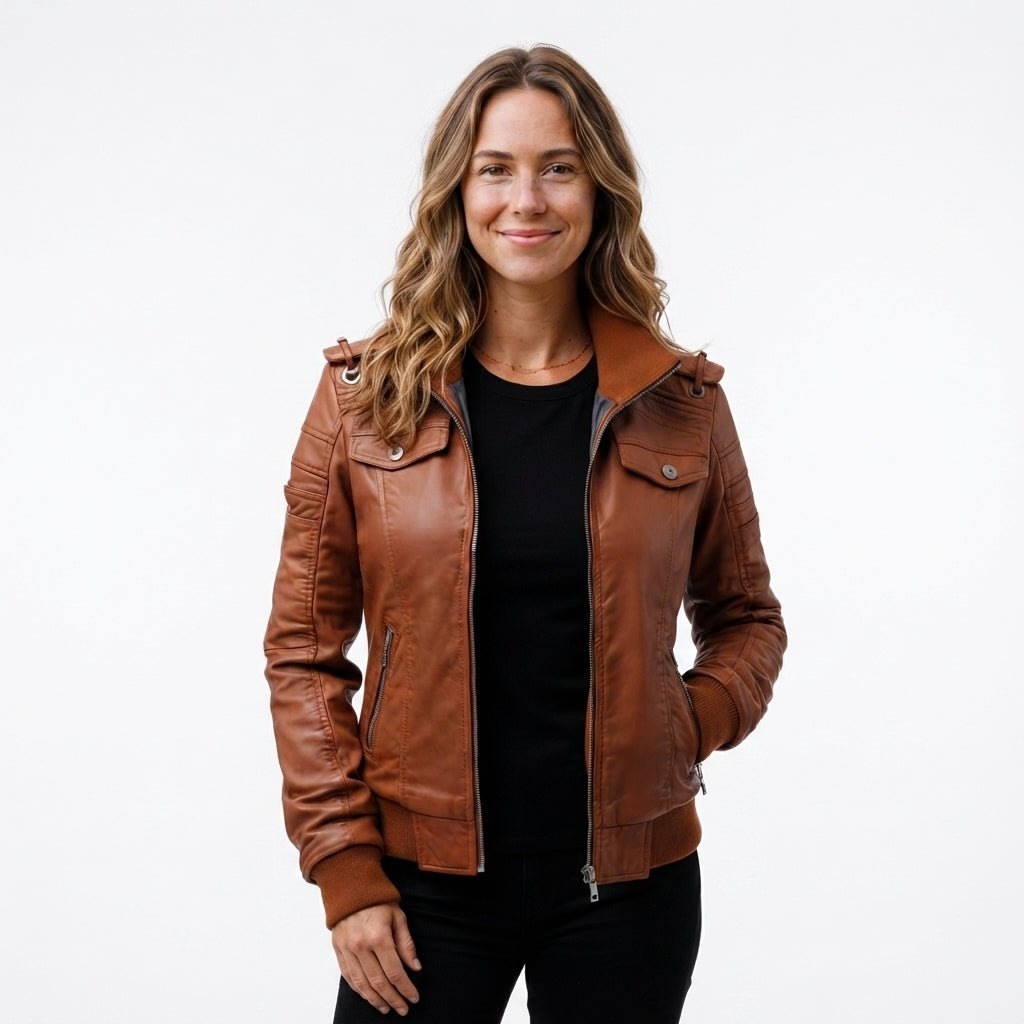 Women Leather Jacket Brown Bomber - Timber AND Hide