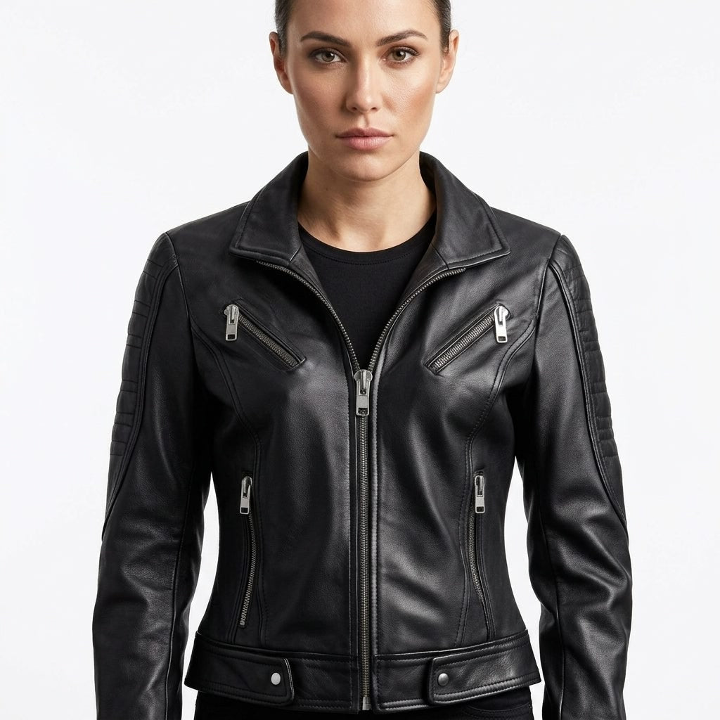 Women Paula Black Biker Leather Jacket - Timber AND Hide