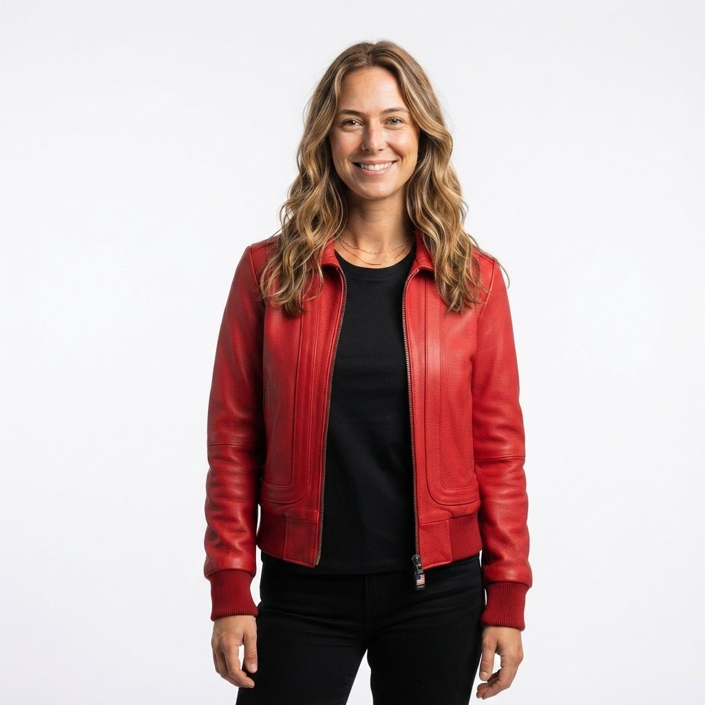 Women Red Leather Jacket Bomber Style - Timber AND Hide
