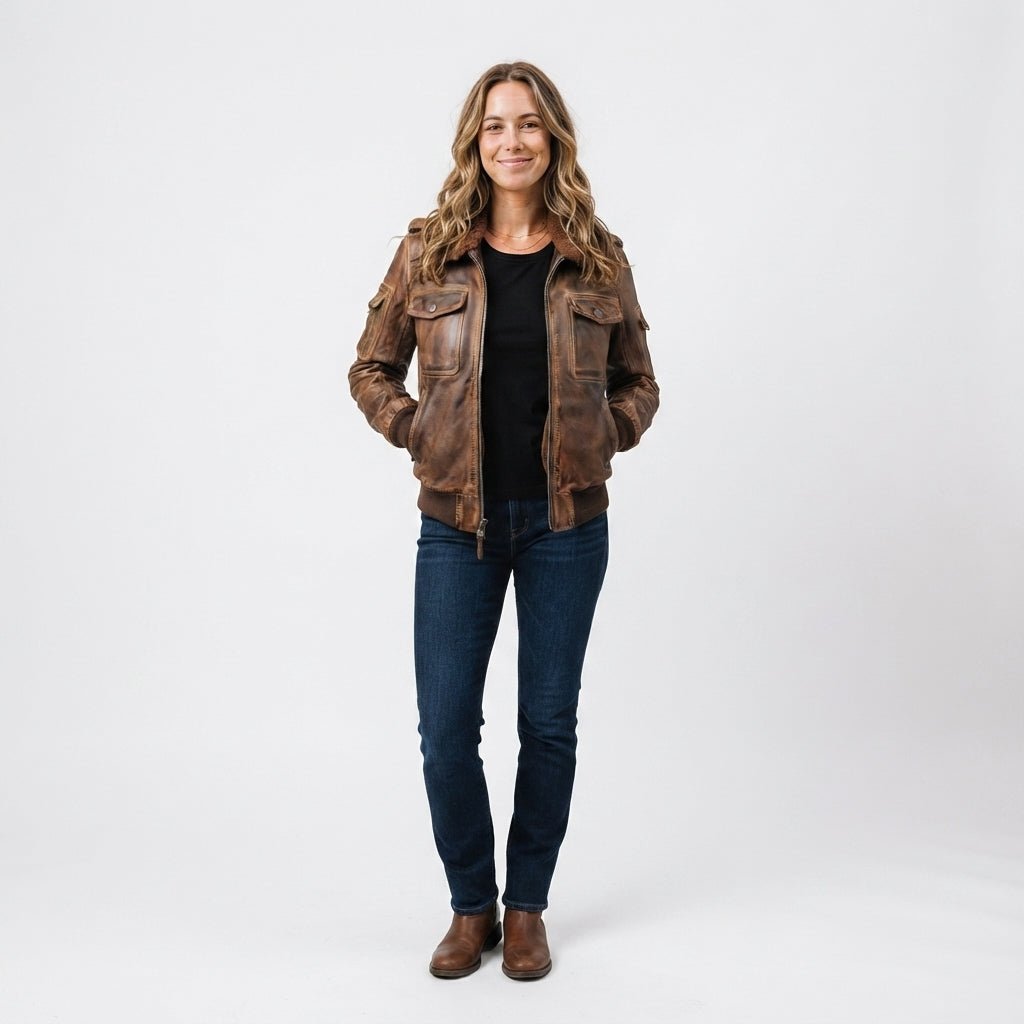 Women Vintage Leather Jacket - Distressed Brown Bomber Jacket - Timber AND Hide