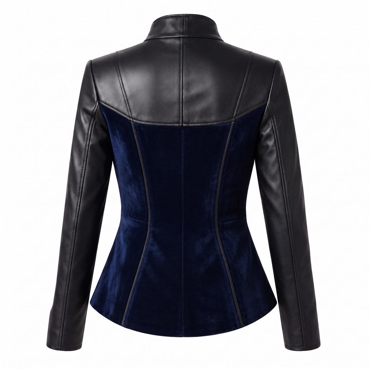 Women's Black Leather Blue Velvet Asymmetrical Military Jacket – Gothic Victorian Blazer - Timber AND Hide